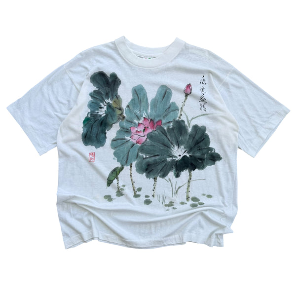 1990's Japanese Hand Painted Lotus Flowers Art T-Shirt - XL