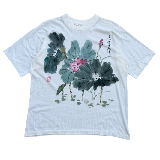 1990's Japanese Hand Painted Lotus Flowers Art T-Shirt - XL