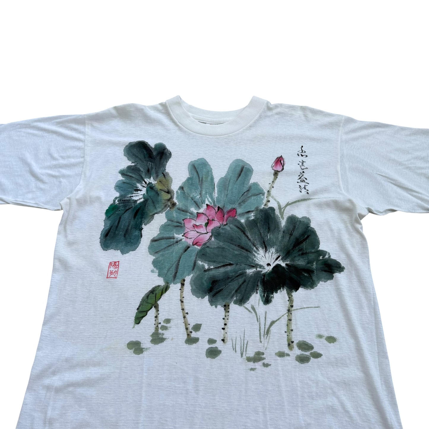 1990's Japanese Hand Painted Lotus Flowers Art T-Shirt - XL
