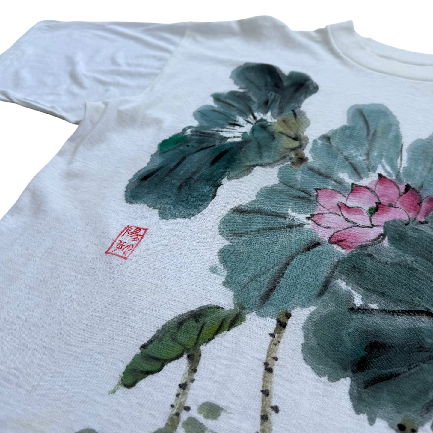 1990's Japanese Hand Painted Lotus Flowers Art T-Shirt - XL