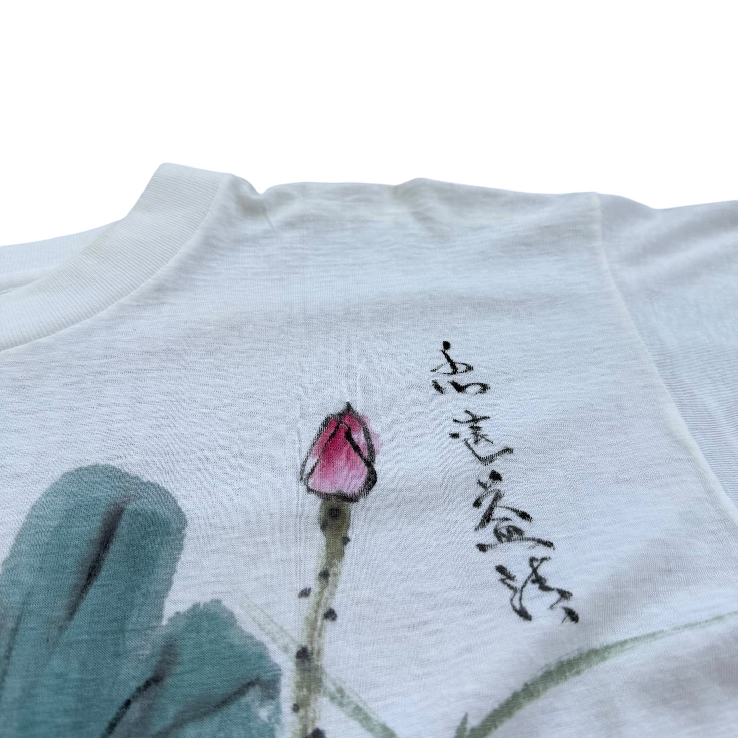 1990's Japanese Hand Painted Lotus Flowers Art T-Shirt - XL
